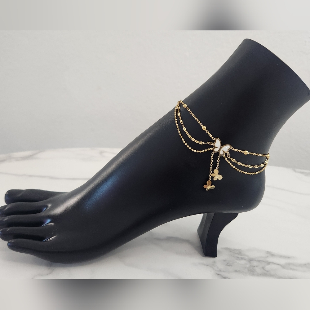 Gold & Mother Of Pearl Layered Butterfly Anklet - Picture 3 of 14